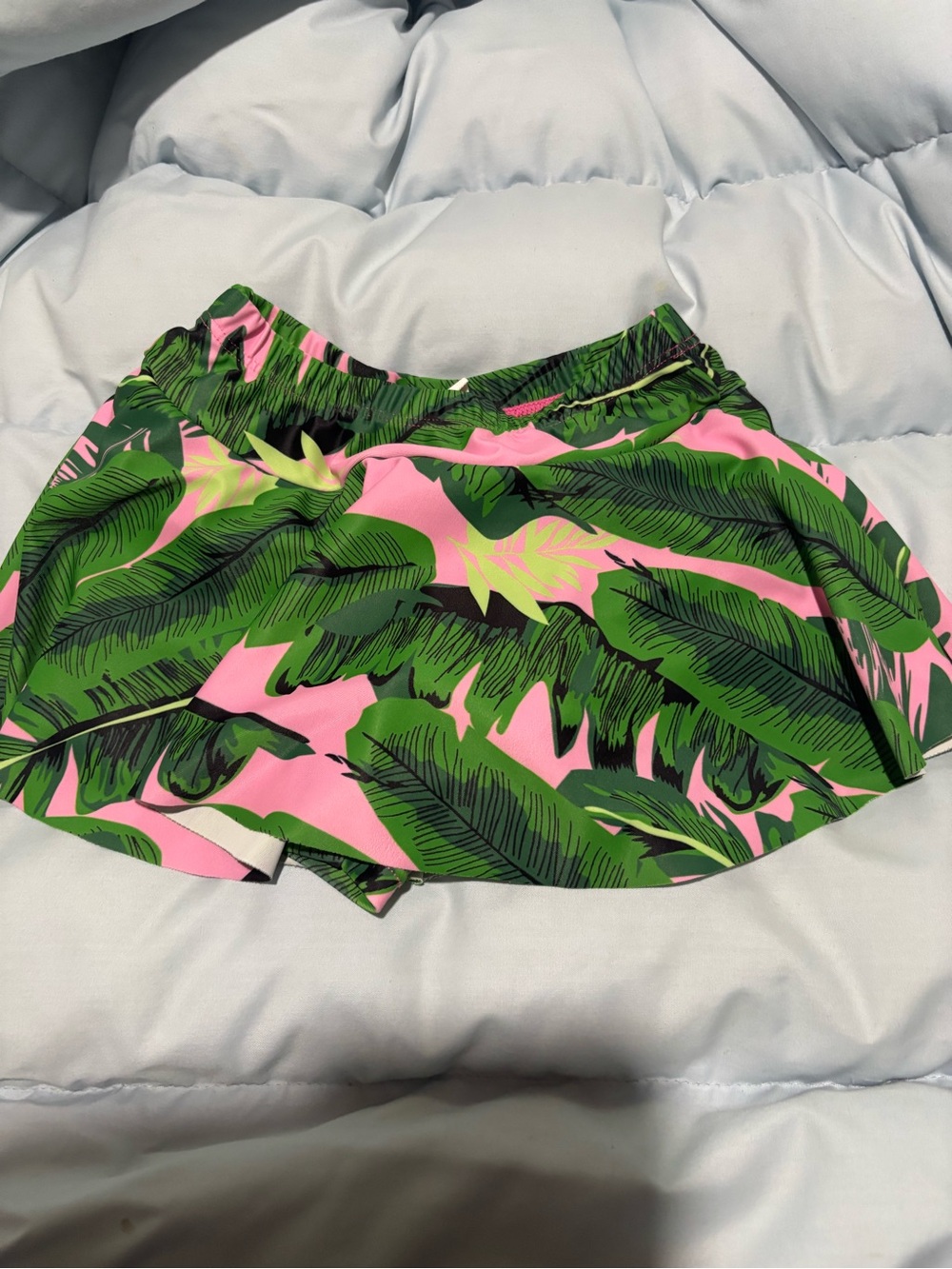 Kids Pink Tropical Swim Skort with Green Leaf Print